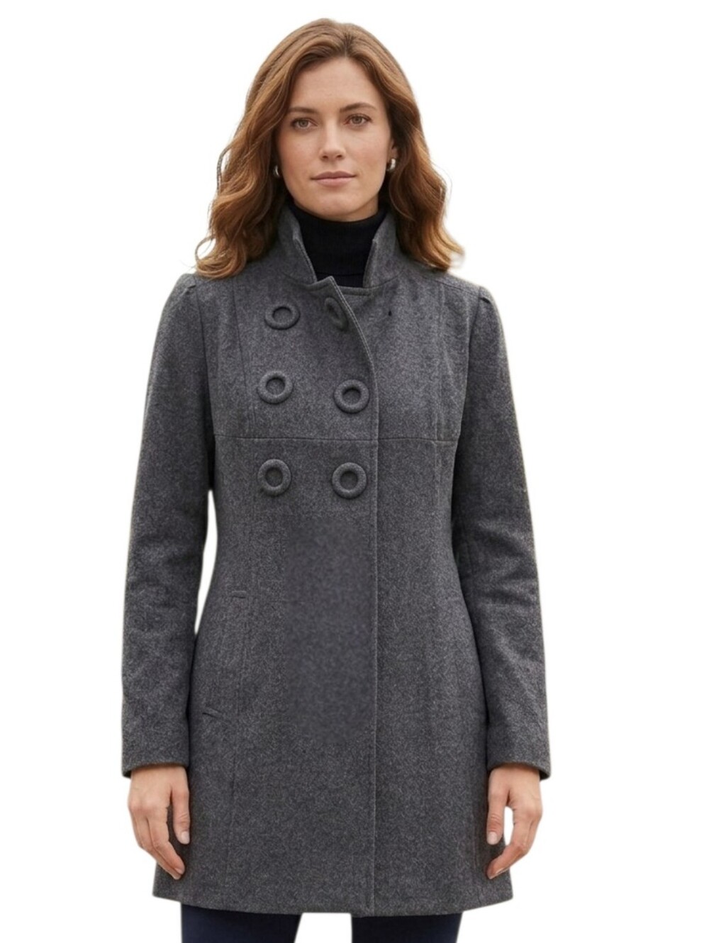 Charcoal Gray Wool-Blend Pea Coat with Toggle Accents